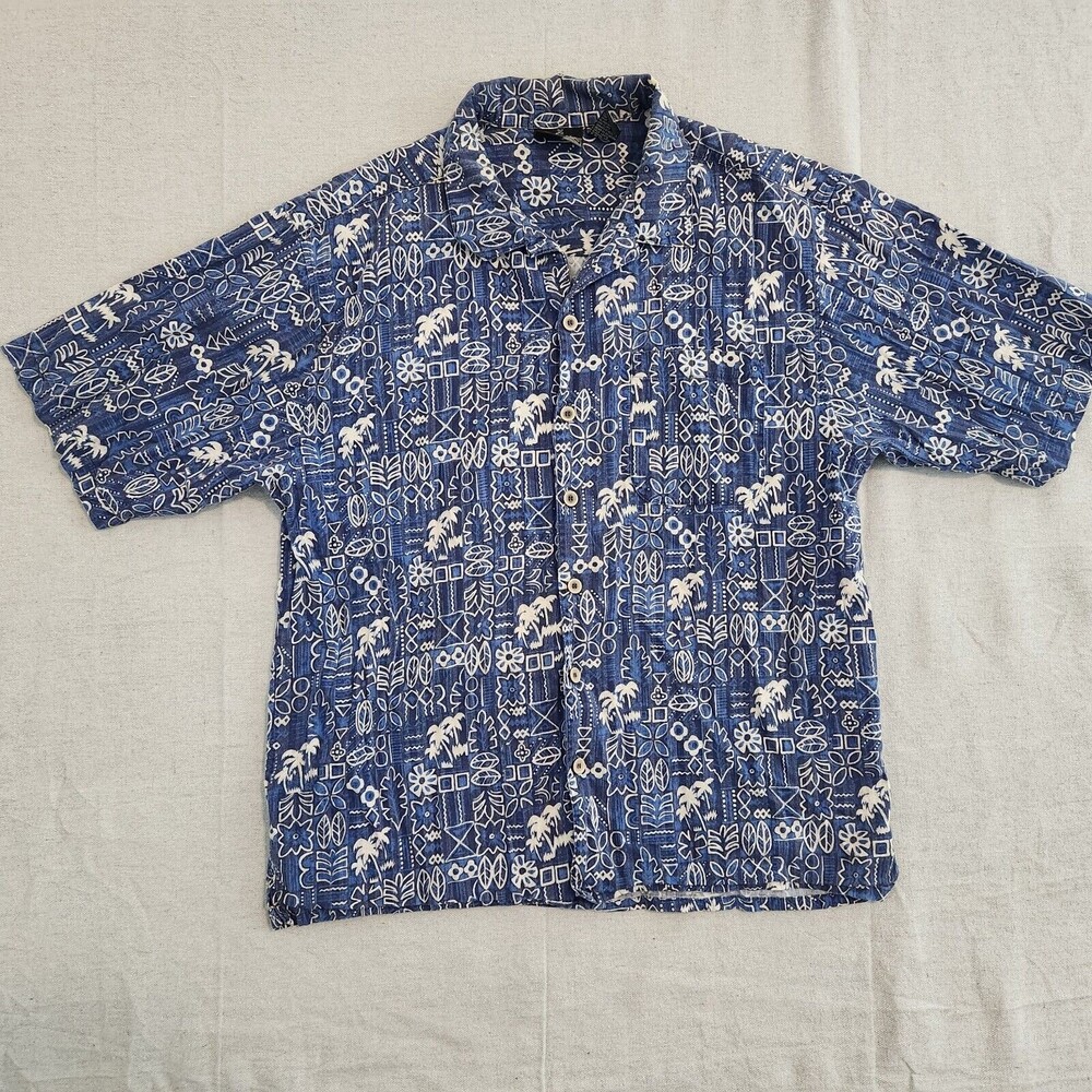 Op Ocean Pacific Shirt Large Blue Short Sleeve Button Up Hawaiian Floral Print